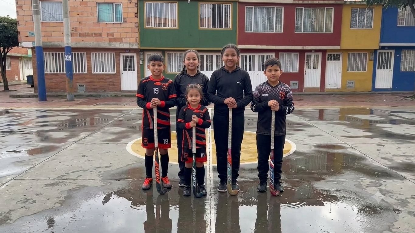 Equipo de hockey sobre piso del Club Deportivo Eagles posando con sus sticks en el barrio Amberes
